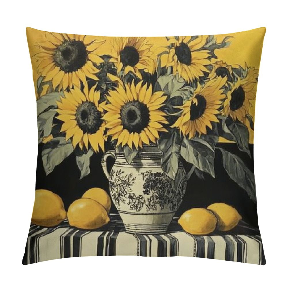 Autua Sunflowers Lemons Vase Graphic Decorative Cushion Throw Pillow Cover for Home Living Room