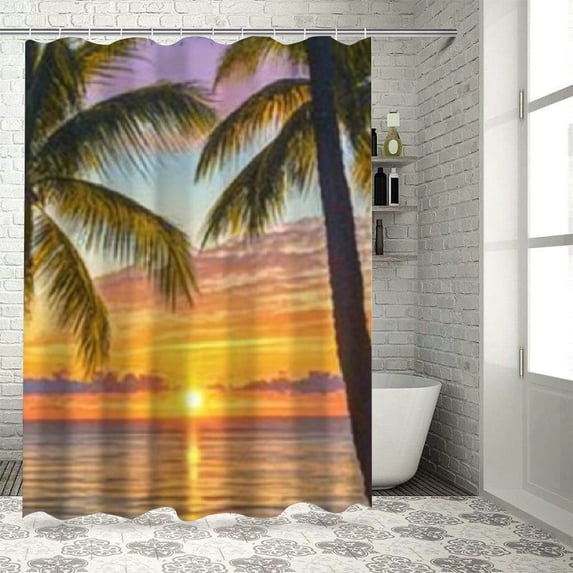 Autua Sunset Palm Trees Beach Shower Curtain Decoration with Hooks, Chic Modern Bathroom Decor 36"x72