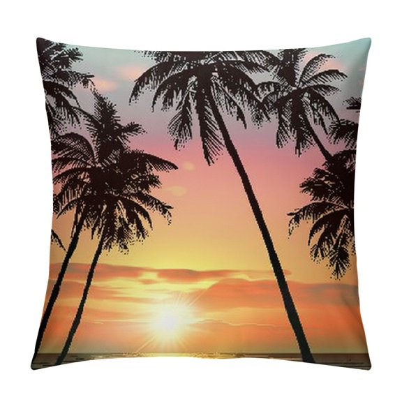 Autua Sunset Palm Trees Boat Graphic Decorative Pillow Cover for Home and Living Room, Summer Theme Pillowcase 1PC 20x20in