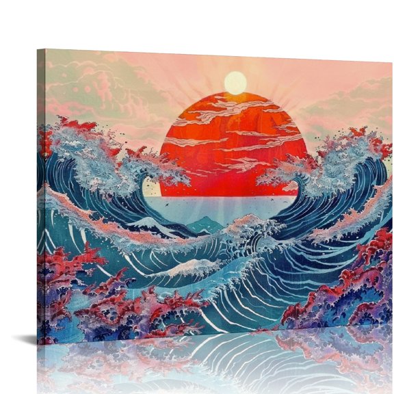 Autua Sunset Wave Ocean Wall Decor Canvas Art Print for Living Room Bedroom Home Office, High Resolution Handmade Artwork, Waterproof and Tear Resistant, Perfect Gift Set 16x12in