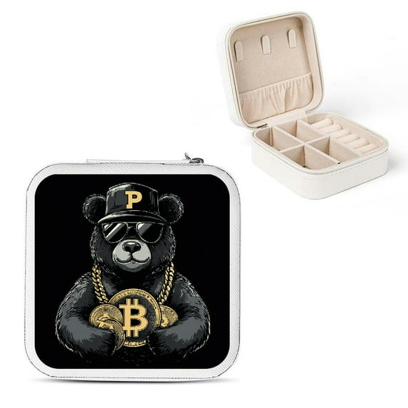 Autua Teddy Bear Bitcoin Sunglasses Jewelry Box with PU Leather Necklace, Ring, Earring Holder Organizer - Compact Size Travel Case for Women White