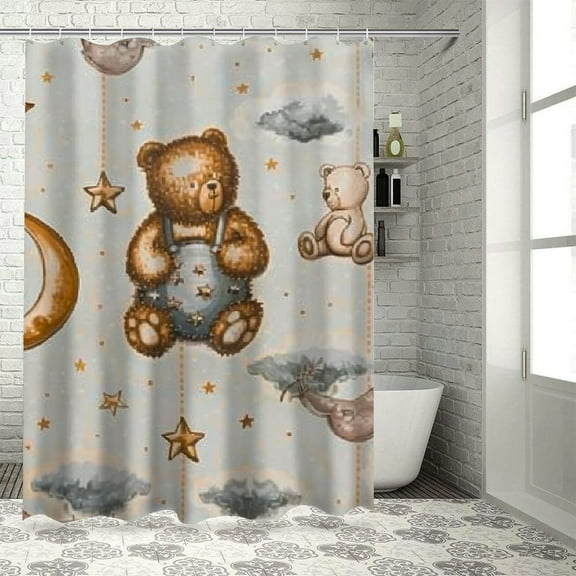 Autua Teddy Bear Crescent Chic Modern Bathroom Decor Shower Curtain Set with Hooks 36"x72