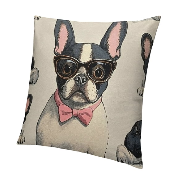 Autua Throw Pillow Cover Black Frenchie with Cartoon French Bulldog in Pink Glasses on White Dog Funny Decorative Throw Pillow Cushion Case for Home Decor 18x18in