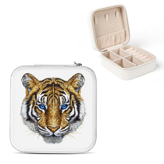 Autua Tiger Head Glittering Jewelry Box Organizer for Necklace Ring Earring Storage, Travel Size Case with Multiple Compartments White