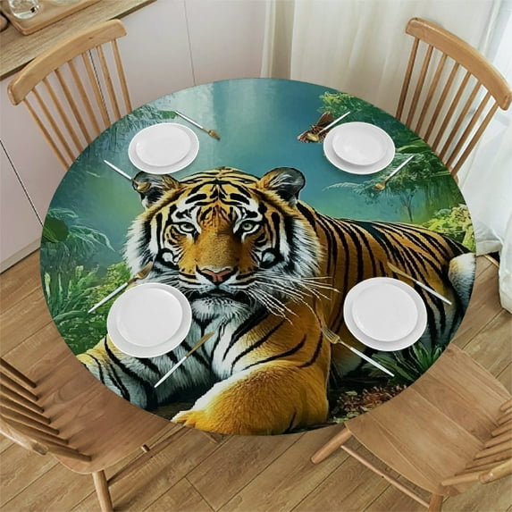 Autua Tiger Jungle Waterfall Round Tablecloth Stain-Resistant 100% Polyester 38"-42