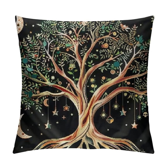 Autua Tree of Life Moon Stars Graphic Decorative Cushion Throw Pillow Cover for Home Couch Living Room Bed Sofa Soft and Durable All Year Round Car Couch Bedroom 1PC 22x22in