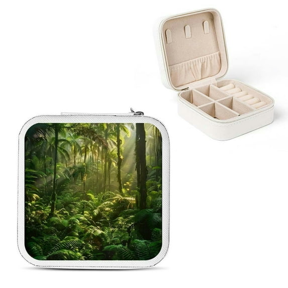 Autua Trees Sunlight Travel Jewelry Case Organizer for Necklace, Ring, Earring - Compact Size, Multiple Storage Spaces, Zipper Closure White