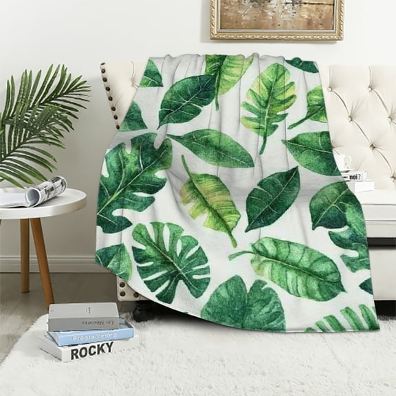 Autua Tropical Palm Leaf Blanket Green Giant Leaves Fleece Throw Blankets for Couch Sofa Bed 40x50in