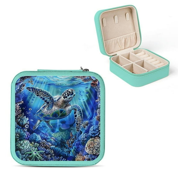 Autua Turtle Marine Life Jewelry Box Storage Organizer for Necklace, Ring, Earring - Compact Size, Multiple Compartments, Zipper Closure Green