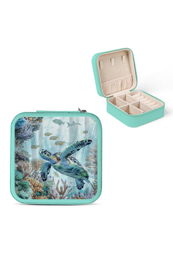 Turtle Sea Life Coral Reef Travel Jewelry Box for Necklaces, Rings, Earrings - Compact and Portable Organizer for Anniversaries - 3.8×3.8×2 inches Green