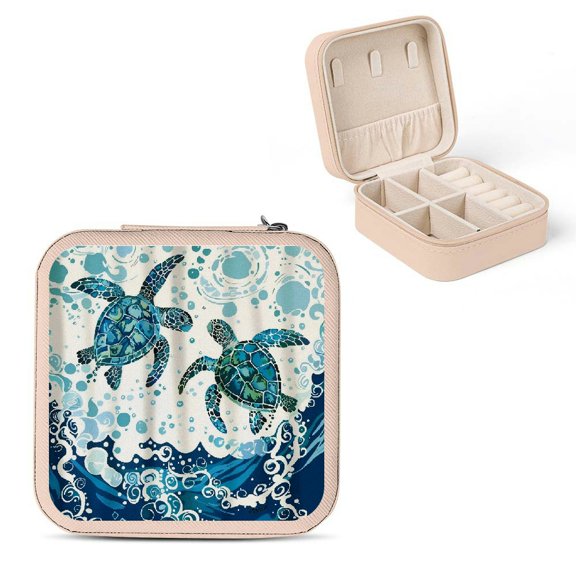 Autua Turtles Ocean Environmental Art Jewelry Box for Mother's Day Gifts, PU Leather Necklace, Ring, Earring Organizer Pink