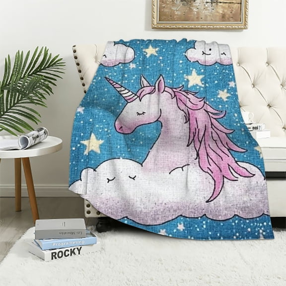 Autua Unicorn Stars Clouds Warm Lightweight Blanket Soft Fleece Throw Blanket Living Rooms Sofa Decor Cow Gifts All Seasons Plush Blankets 60x80in