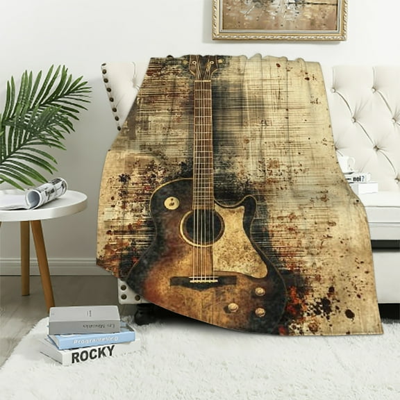 Autua Vintage Guitar Blanket Music Notes Retro Throw Blankets,Birthday Gifts for Women Men,Lightweight Soft Fleece,Musician Lovers,Sofa Couch Bed Room Modern Rustic Decor  40x50in