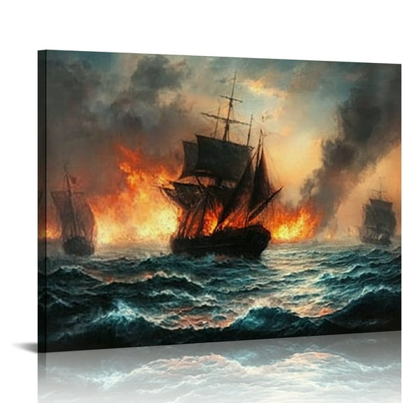 Autua Vintage wall art living room pirate ship bedroom wall decoration sailboat nautical wall painting suitable for office modern art stretching and framing can be hung directly 16x12in