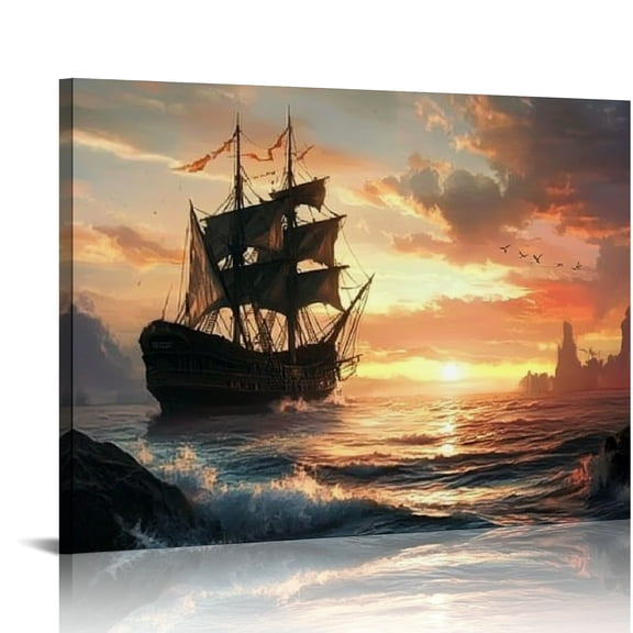 Autua Wall Art Sailing Sunset Painting Canvas Beach Picture Bedroom Home Decoration Sailing Sailing Nautical Modern Art Painting Frame Can Be Hung Directly 20x16in