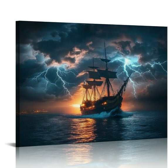 Autua Wall Pictures for Living Room Sailboat Sailing Painting on Canvas Wall Decor Art Seascape Bedroom Wall Art Pirate Ship Modern Artwork Framed Ready to Hang 16x12in