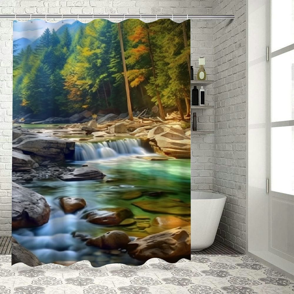 Autua Waterfall Shower Curtain Fall Forest Red Maple Tree Lake View