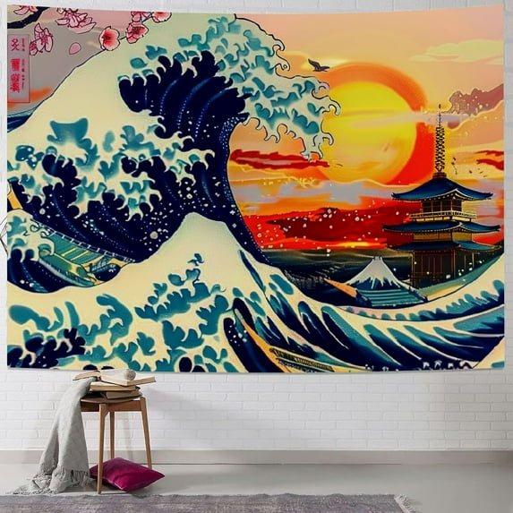 Autua Wave Sunset Pagoda Tapestry Wall Hanging Unique Style Home Wall Decor Art for Living Room Bedroom Apartment Farmhouse Dorm 60x50inch
