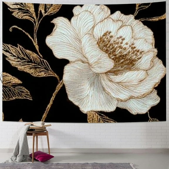 Autua White Flower Gold Leaves Tapestry Wall Hanging Home Decor 60x50inch