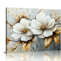 Autua White Flowers Gold Leaves Canvas Print Wall Decor Home Art 20x16in