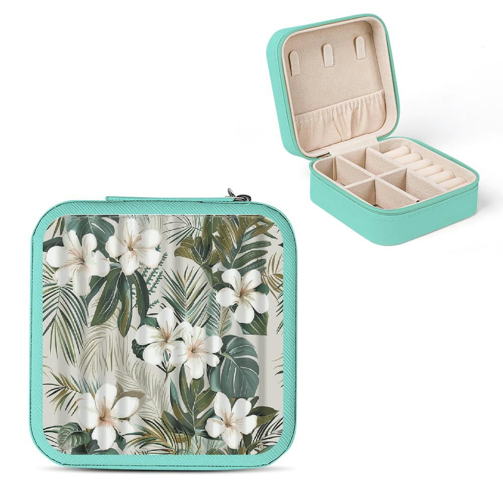 Autua White Flowers Green Leaves Floral Jewelry Storage Box Green ...