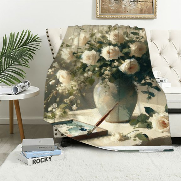 Autua White Flowers Roses Green Foliage Warm Lightweight Soft Fleece Throw Blanket All Seasons for Living Rooms Sofa Decor Cow Gifts - Multiple Sizes Available 40x50in
