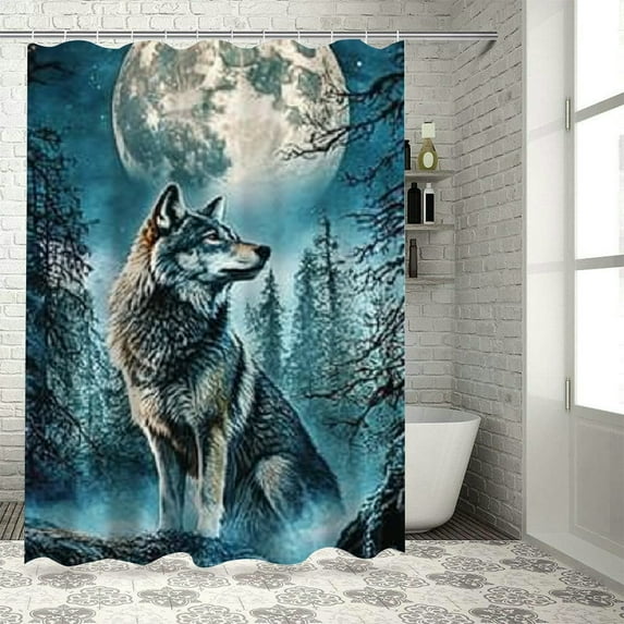 Autua Wolf Forest Moon Chic Modern Bathroom Decor Shower Curtain Set with Hooks 100% Polyester Fiber 36"x72