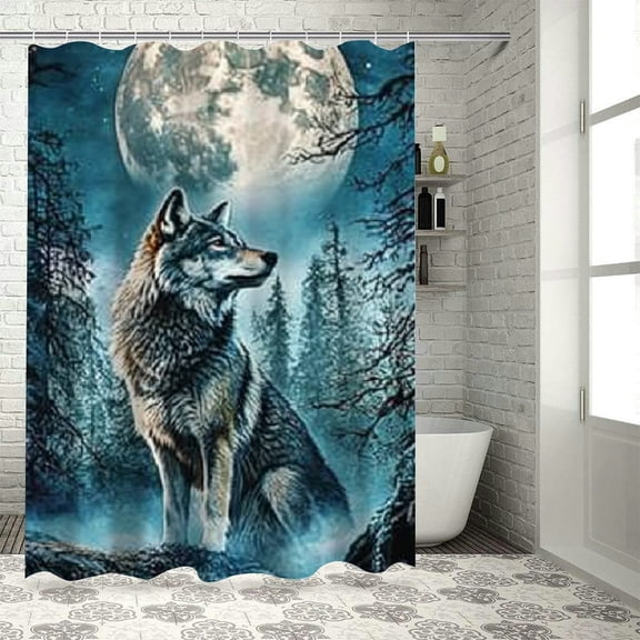 Autua Wolf Forest Moon Chic Modern Bathroom Decor Shower Curtain Set with Hooks 100% Polyester Fiber 69"x72