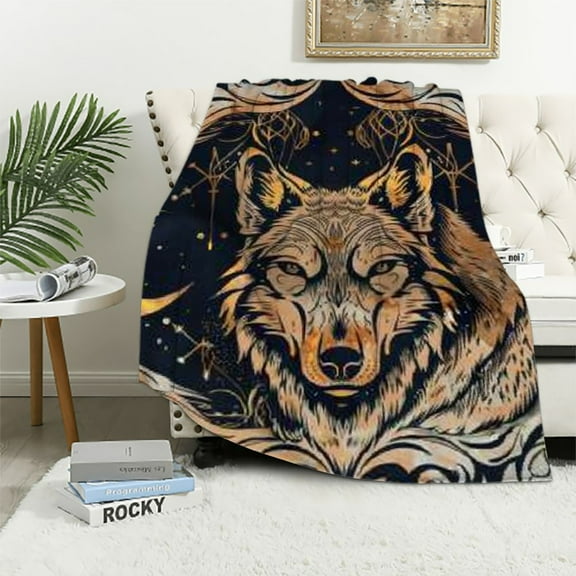 Autua Wolf Gold Crescent Warm Lightweight Blanket Soft Fleece Throw Blanket for All Seasons - Long-lasting Cow Gifts Blanket for Living Rooms Sofa Decor 60x80in