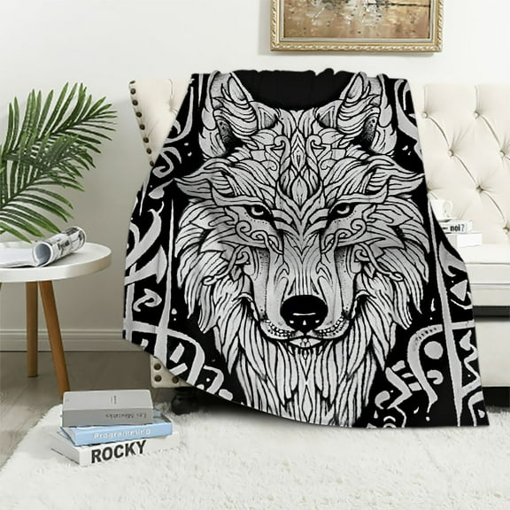 Autua Wolf Pattern Tattoo Warm Lightweight Blanket Soft Fleece Throw Blanket Living Room Sofa Decor All Seasons Cow Gifts Blanket 40x50in