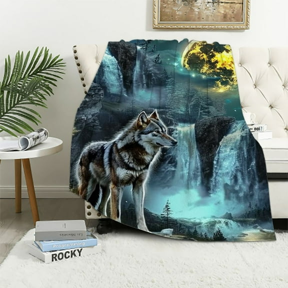 Autua Wolf Waterfall Full Moon Warm Lightweight Blanket Soft Fleece Blankets for All Seasons - Throw Blanket for Living Rooms Sofa Decor - Cow Gifts Blanket with Flannel Fabric 40x50in