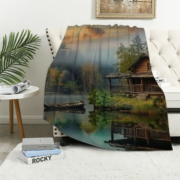 Autua Woods Lake Cabin Warm Lightweight Blanket Soft Fleece Blankets for All Seasons 50x60in