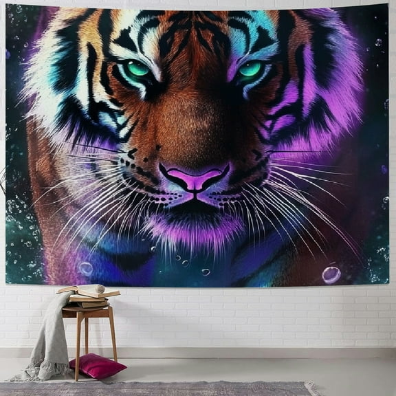 Autua psychedelic tiger tapestry, neon tiger art, wildlife, wildlife, decorative tapestry, wall hanging, psychedelic black light galaxy space decoration 40x30inch