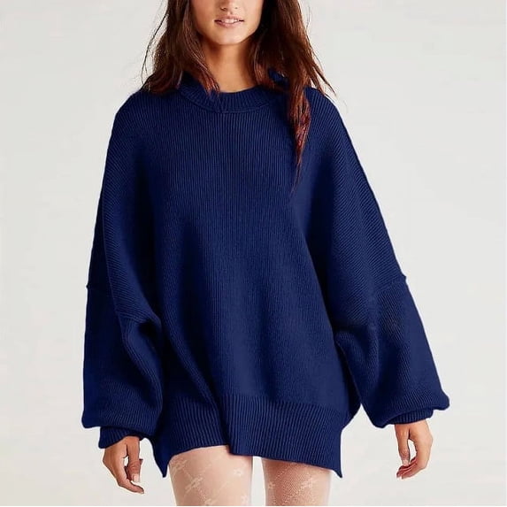 Autumn 2025 Women'S Batwing Sleeve Knit Sweater With Side Slits And Round Neck