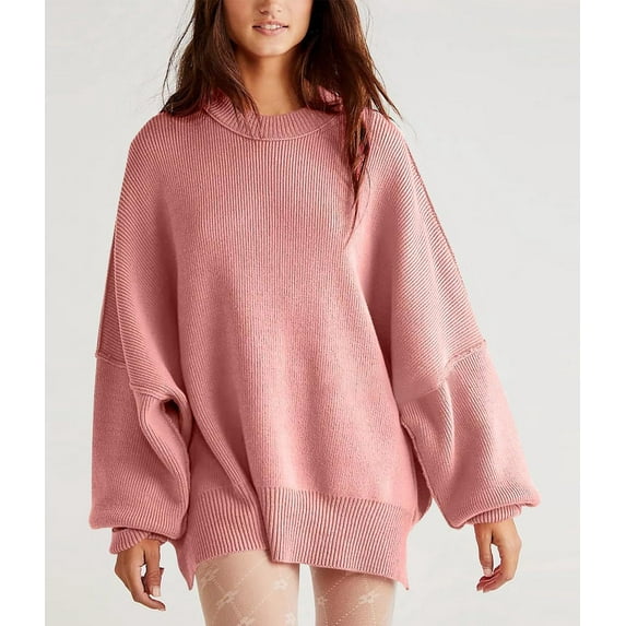 Autumn 2025 Women'S Batwing Sleeve Knit Sweater With Side Slits And Round Neck