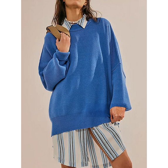 Autumn 2025 Women'S Batwing Sleeve Knit Sweater With Side Slits And Round Neck