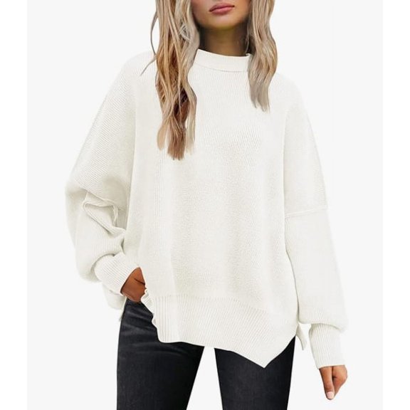 Autumn 2025 Women'S Batwing Sleeve Knit Sweater With Side Slits And Round Neck