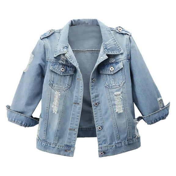 Autumn 3/4 Sleeve Retro Short Denim Jackets, Light Blue Jean Coats, Blue L, Size S-XXXXXXL
