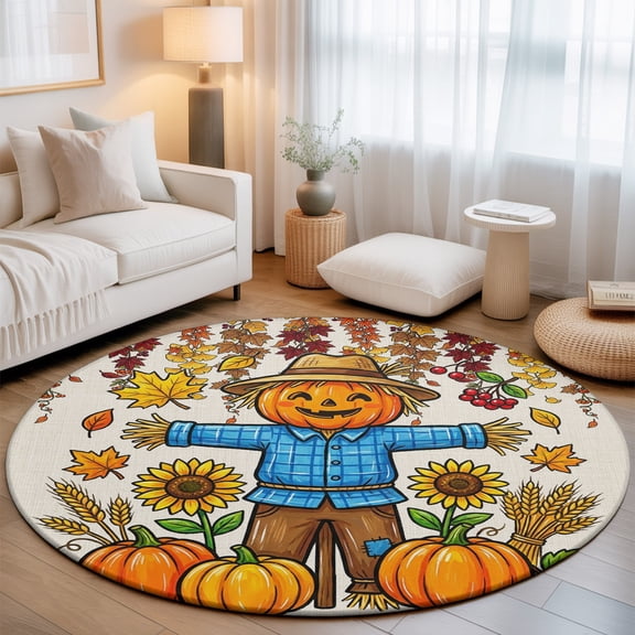 Autumn 3' Round Rug for Bathroom Accent Bedside Corner, Harvest Cartoon Scerecrow Pumpkin Sunflower Maple Leaf Washable Non Slip Soft Circle Area Rug for Small Spaces Entryway