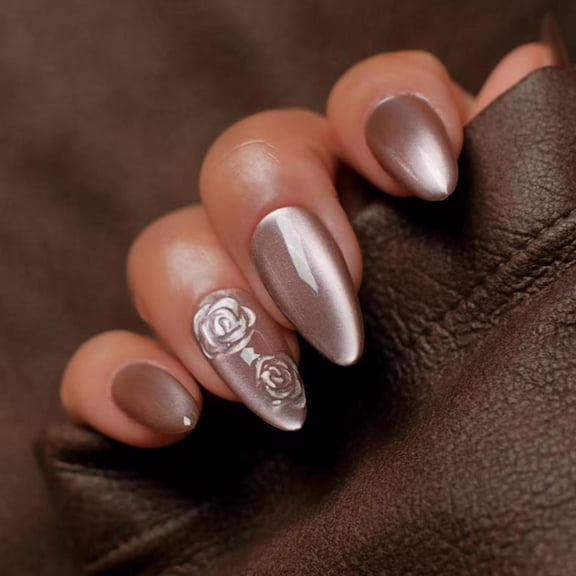 Autumn 3D three-dimensional rose brown cat eye flash wearing nail fake nail short almond nail nail nail wholesale