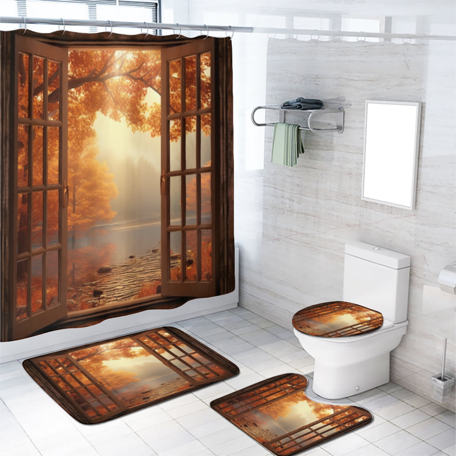 Autumn 4 Pcs Shower Curtain Set Maple Leaf Natural Landscape Vintage Window with 12 Hooks, Bath Mat Set Bathroom Decor by Durable Waterproof Fabric, 72x72 Inch