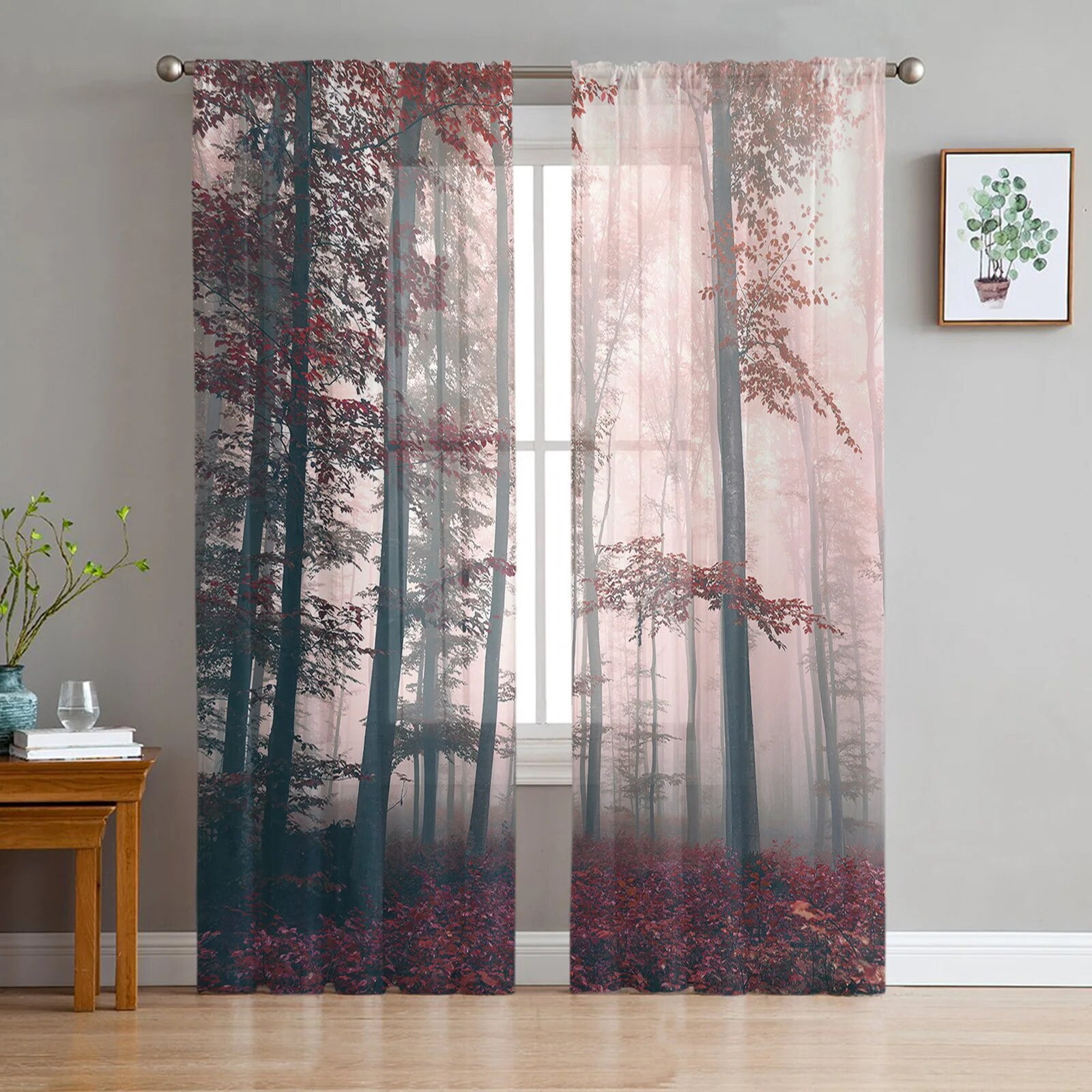 Autumn Abstract Woodland Fallen Leaves Tulle Sheer Curtains for Living