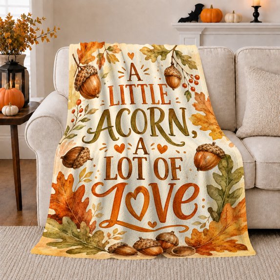 Autumn Acorn Love Typographic Watercolor Design, Cozy Friendship Quote Scene, Warm Flannel Blanket for Living Room and Reading Nook, Art Lovers Thanksgiving Gift, Artistic Home Decor