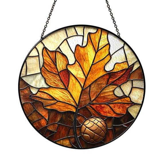 Autumn Acorn Oak Leaf Stained Glass Pattern Digital Fall Window Panel Template for Decorative Glass Art Craft