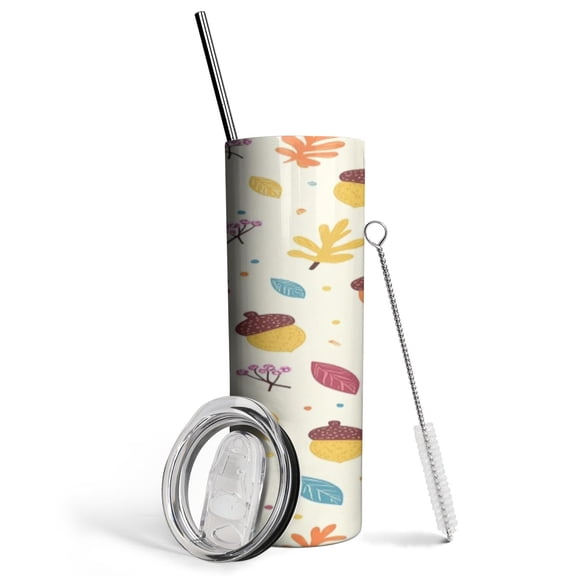 Autumn Acorn Tumbler 20oz Stainless Steel Travel Mug with Straw and Brush, Fall Leaves and Acorns Design, Insulated Coffee Cup, Perfect for Fall Decor or Gifts