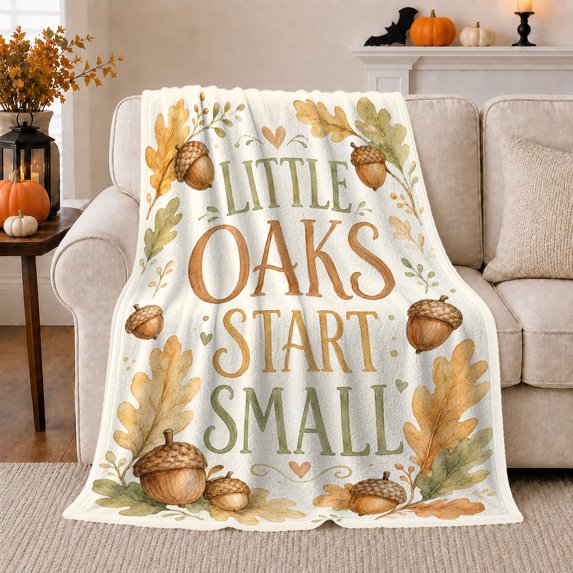 Autumn Acorns Little Oaks Start, Cozy Typography Art Scene, Warm Flannel Blanket for Living Room and Reading Nook, Art Lovers Thanksgiving Gift, Artistic Home Decor