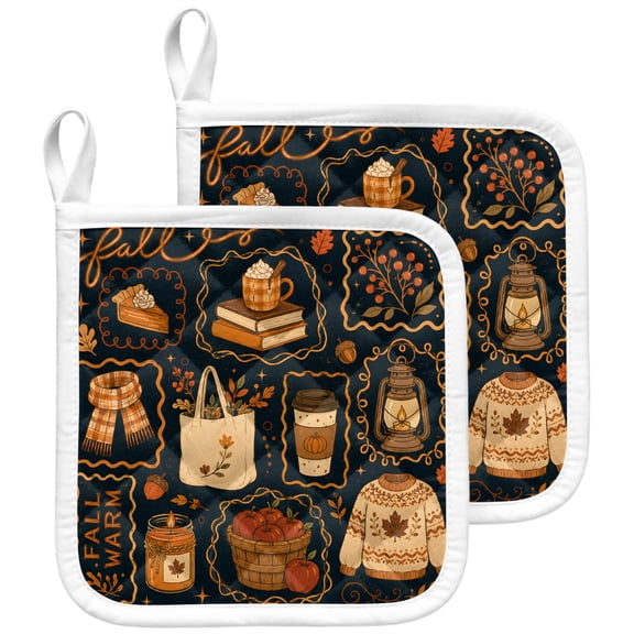 Autumn Aesthetic Fall Pot Holders for Kitchen Heatproof Potholder, 2 Pack Coffee Mug Pumpkins Thanksgiving Hot Pads Multipurpose Oven Pads Terry Cloth Potholders Trivet for Cooking and Baking