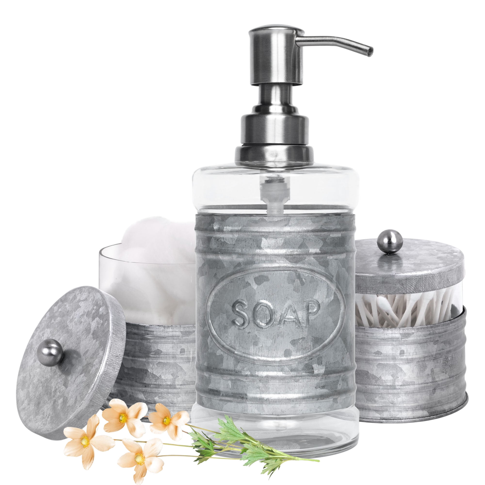 Galvanized Gray Glass and Metal Farmhouse Bathroom Accessory Set