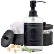 Autumn Alley 3 Piece Glass & Black Metal Bathroom Accessory Set|Soap Dispenser and 2 Apothecary Jars