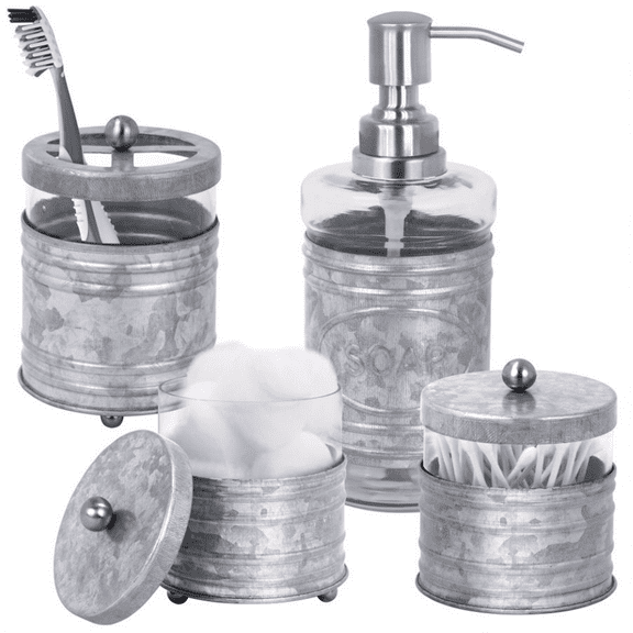 Autumn Alley 4 Piece Galvanized Bathroom Set|Soap Dispenser, Toothbrush Holder, 2 Apothecary Jars|Ball Handles